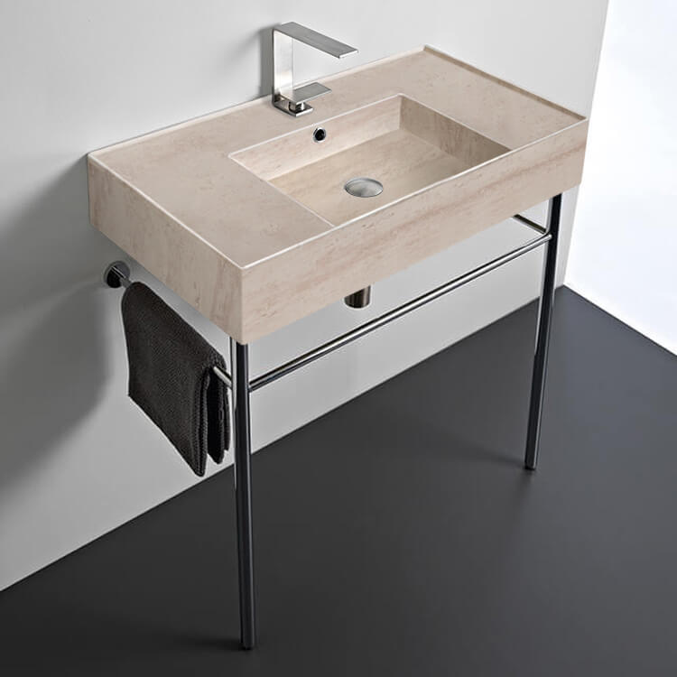 Scarabeo 5123-E-CON-One Hole Beige Travertine Design Ceramic Console Sink and Polished Chrome Stand